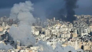 "Thick black smoke rises over Beirut
