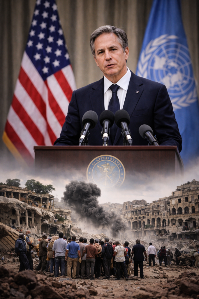 US Secretary of State Antony Blinken giving a speech at a press conference about escalating tensions in the Middle East, with the American and UN flags in the backdrop and a bombed city scene below.