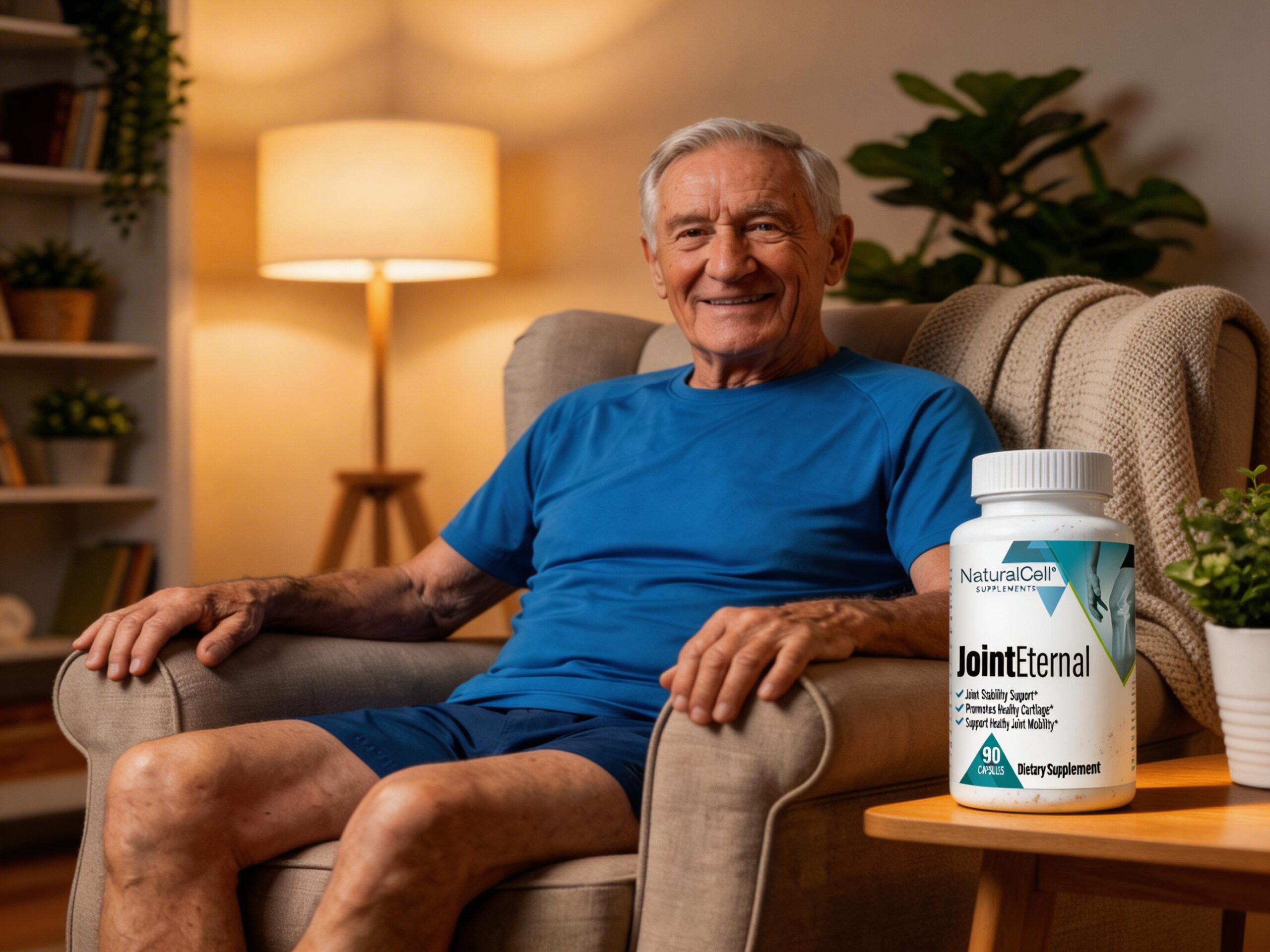 Senior man sitting comfortably with JointEternal supplement bottle